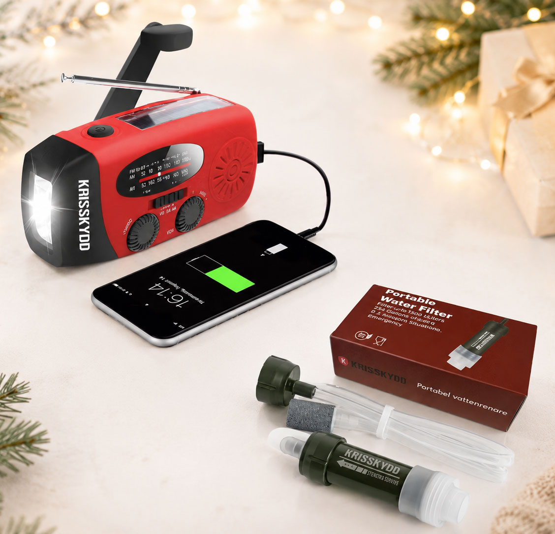 Krisskydd startpaket – nödradio med solceller och vev samt vattenreningsfilter